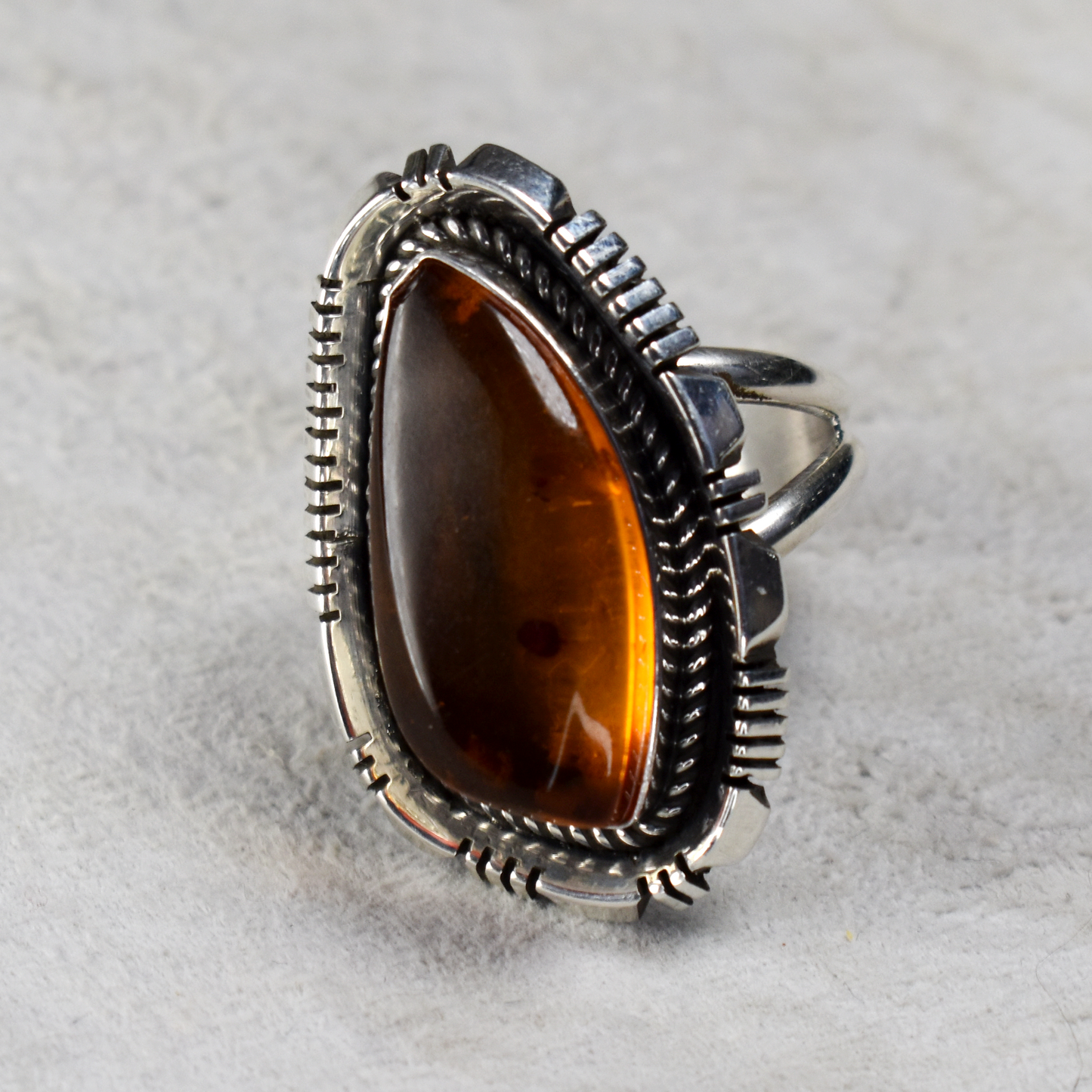 Asymmetrical Amber Ring with Hand-Etched Border by Glenn & Irene Sandoval