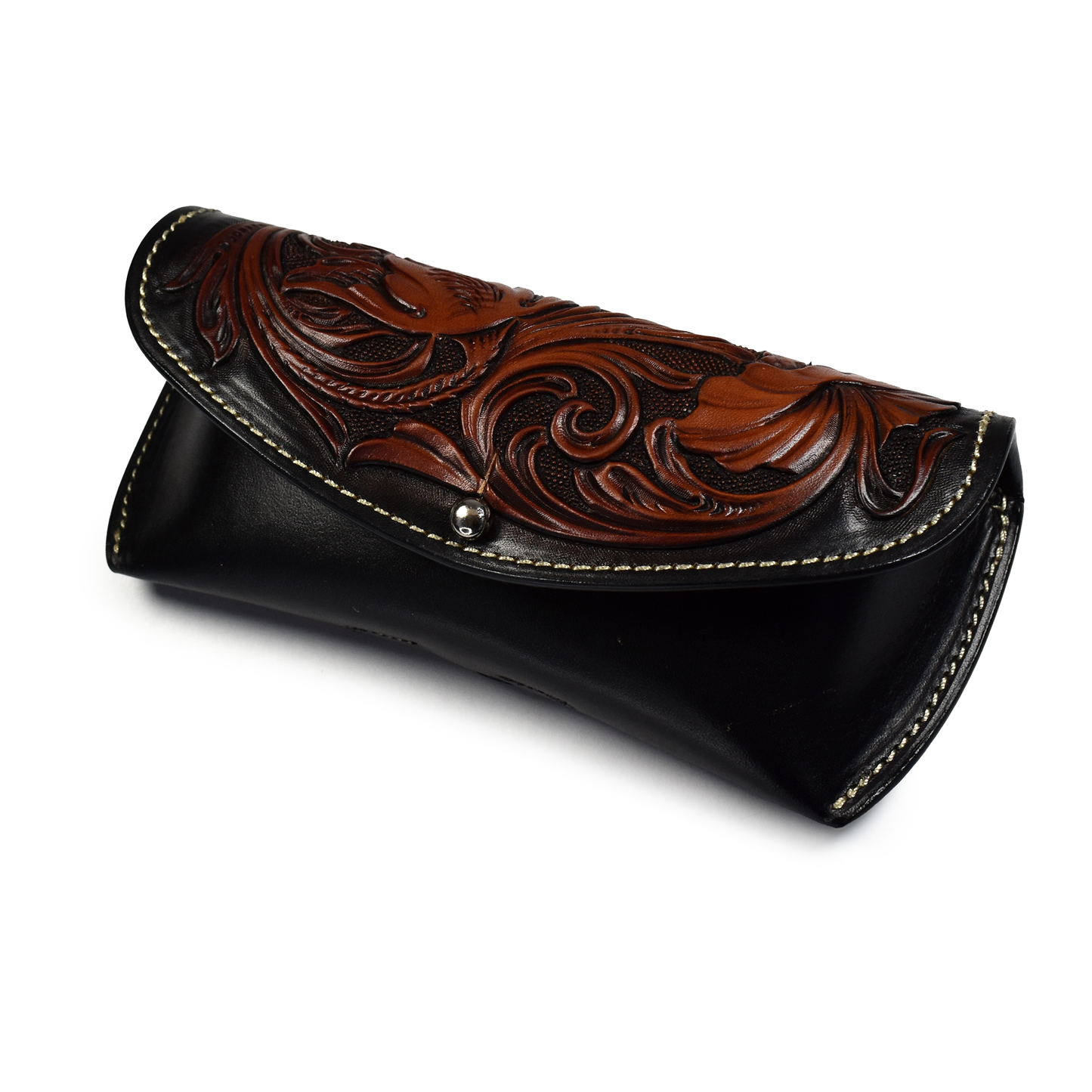 Heron Walk Custom Leather Black & Mahogany Floral Tooled Eyeglass Case