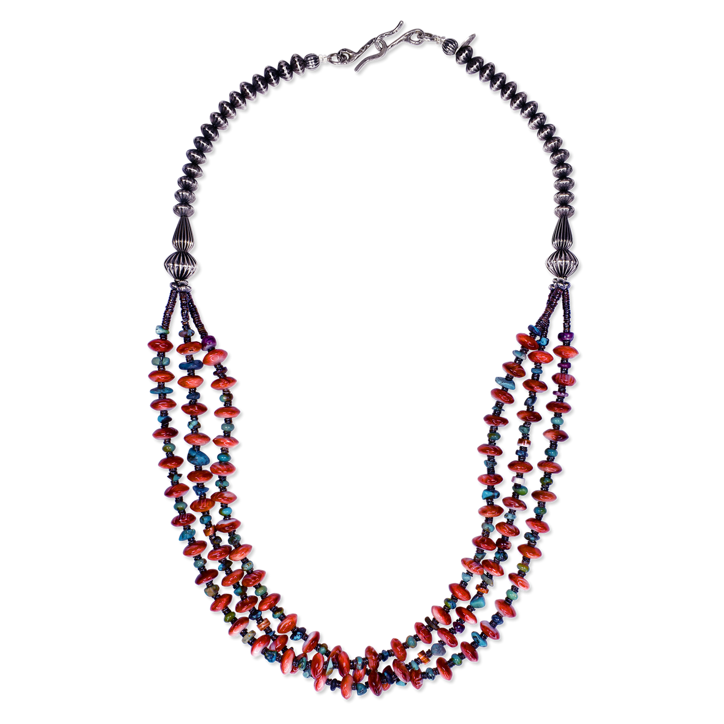 Spiny Oyster, Turquoise & Heishi Bead Necklace with Sterling Pillow Beads by Teller Indian Jewelry