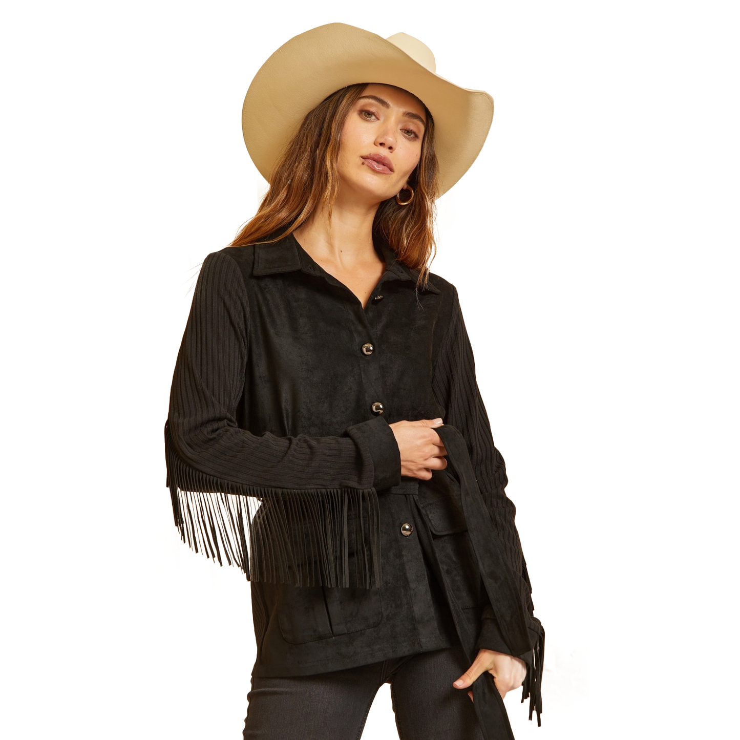 June Button Up Suede and Knit Fringe Jacket