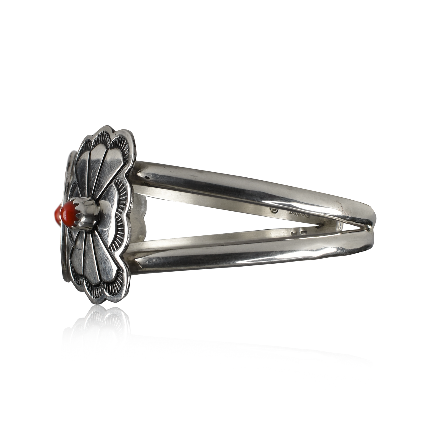 Hand-Tooled Sterling Silver Cuff with Coral Inlay by Evelyn Abeita