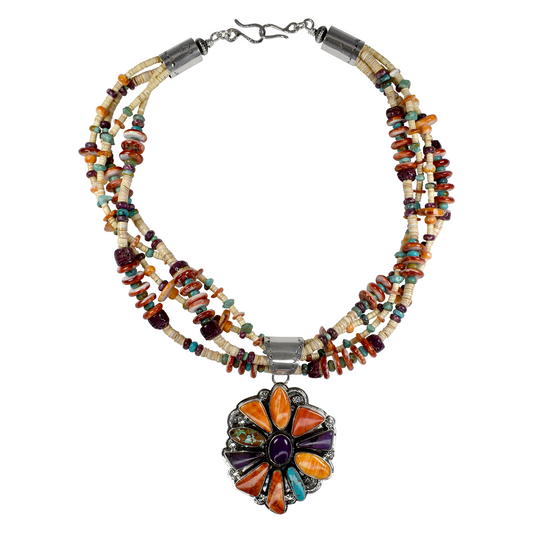 Multicolored Spiny Oyster and Turquoise Heishi Bead Necklace with Flower Pendant by Teller Indian Jewelry