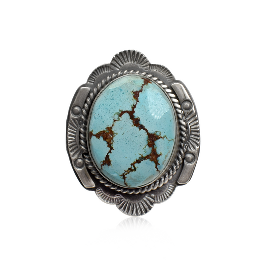 High Grade Golden Hill Turquoise Ring with Hand-Stamped Sunrays by Greg Platero