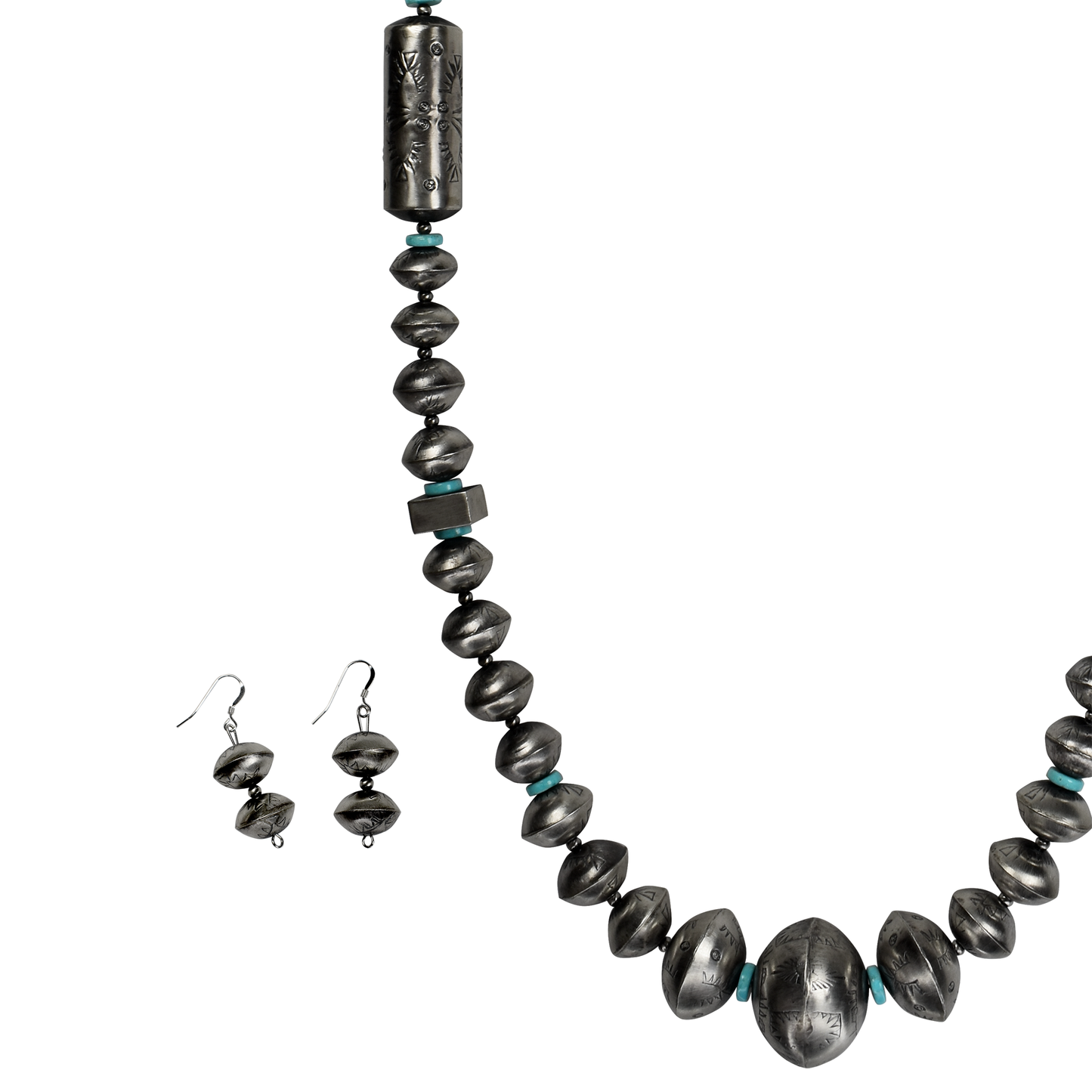 Stamped Pillow Bead and Sleeping Beauty Turquoise Necklace & Earring Set by Carolyn Nez