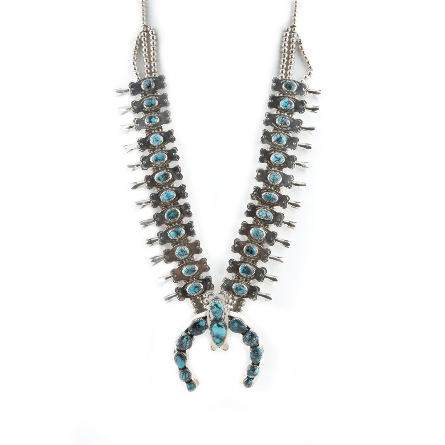 1970's Kingman Spider Web Turquoise Squash Blossom Necklace by Rose & Alvin Boy