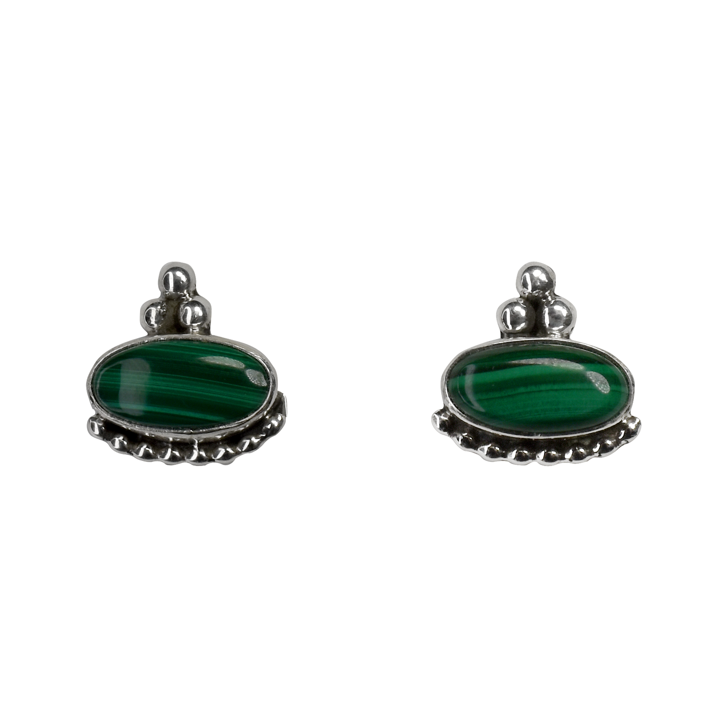 Oval Malachite Stud Earrings with Silver Beads by Ruth Ann Begay