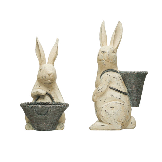 Resin Rabbit with Basket, Distressed Finish, Antique White & Grey