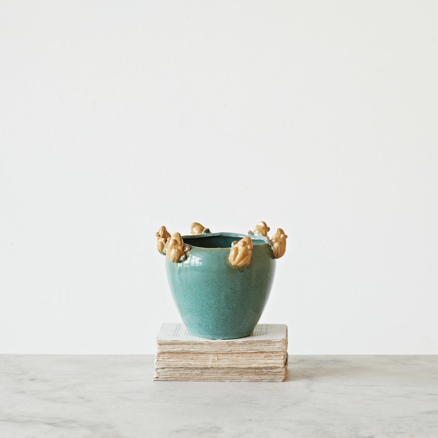 Stoneware Planter with Frogs on Rim