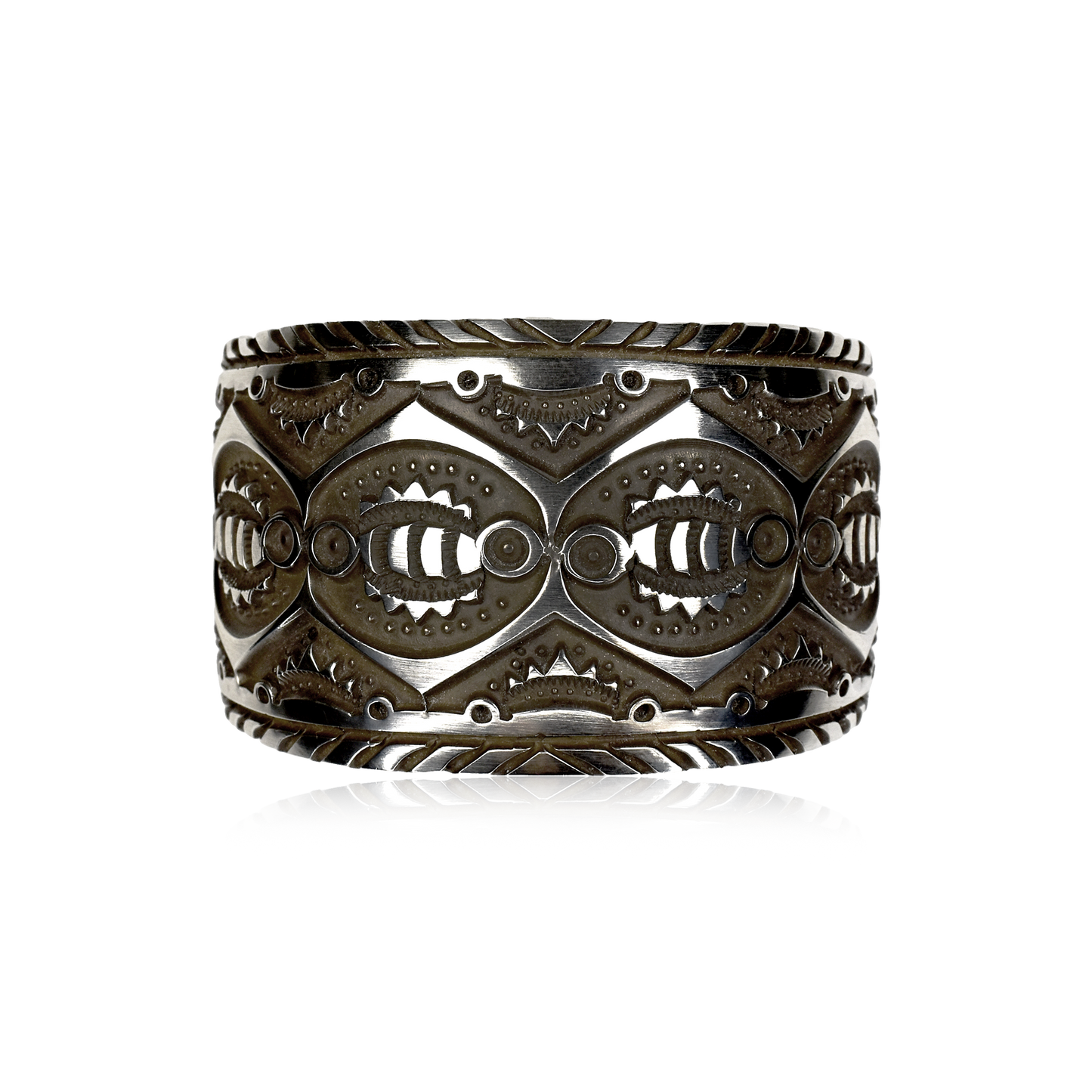 High Relief Overlay Silver Cuff by Jerrold Tahe