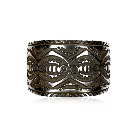 High Relief Overlay Silver Cuff by Jerrold Tahe