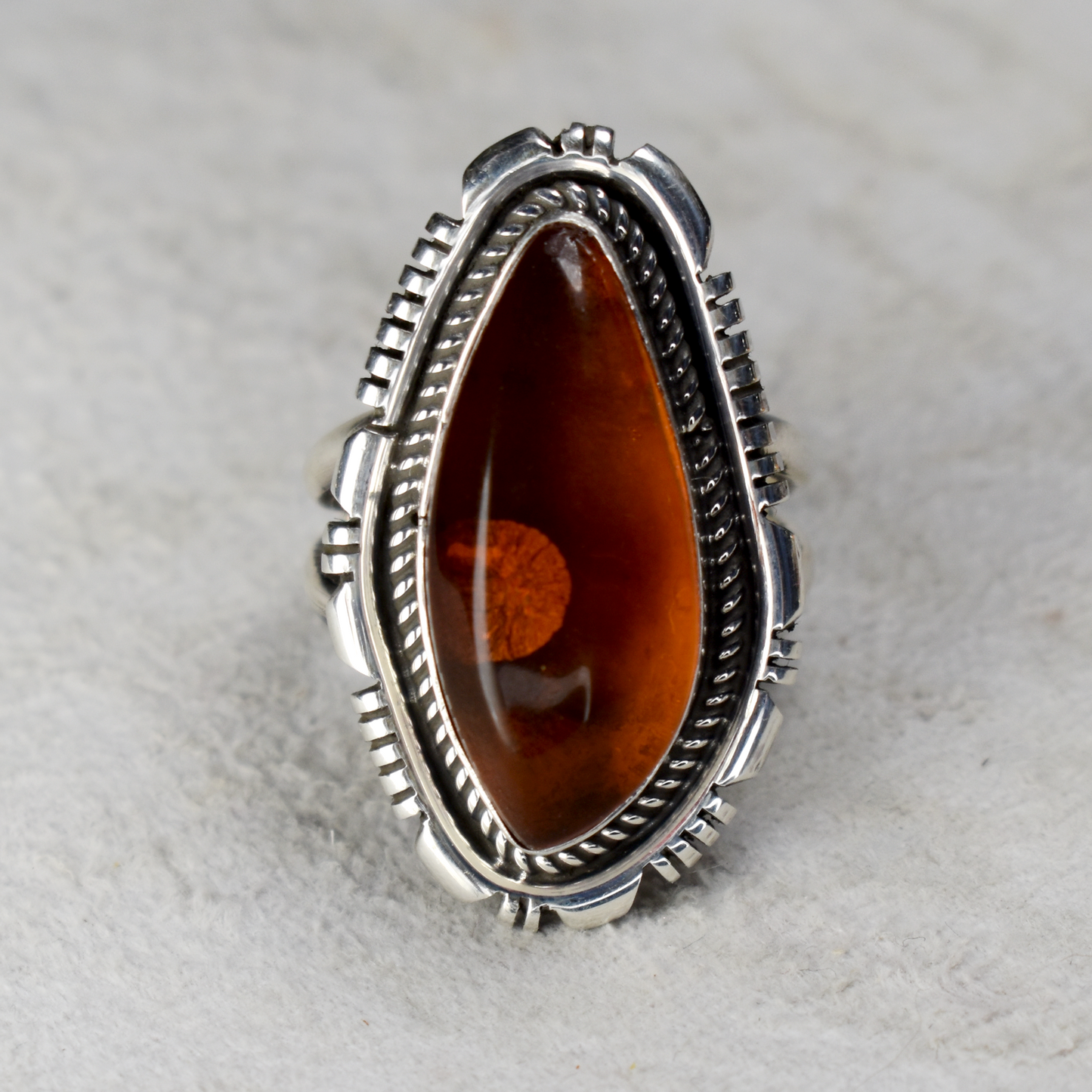 Asymmetrical Amber Ring with Hand-Etched Border by Glenn & Irene Sandoval