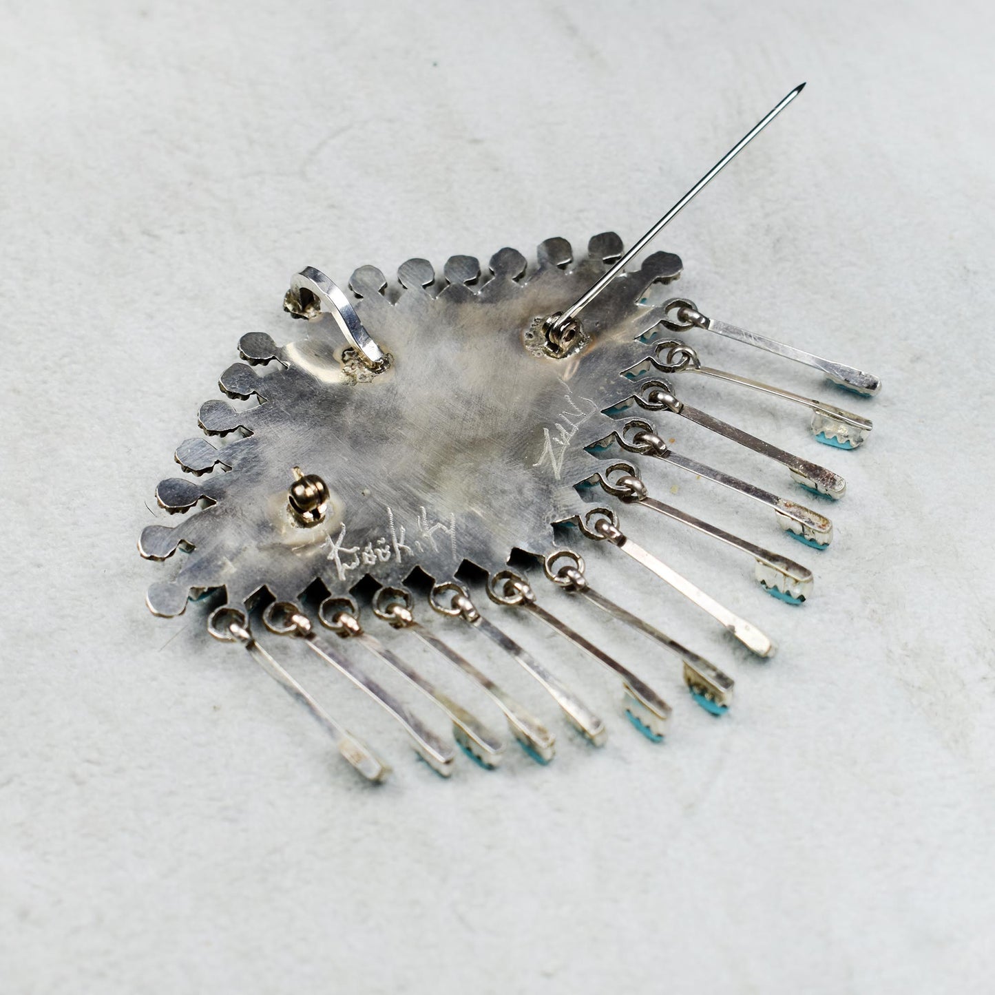 Sleeping Beauty Turquoise Petit Point Inlay Sunshower Pendant Pin Necklace by Kevin Leekity