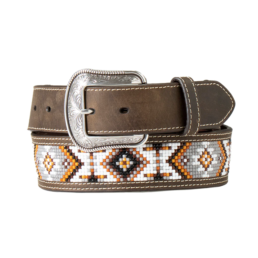 Men's Beaded Inlay Brown Leather Belt