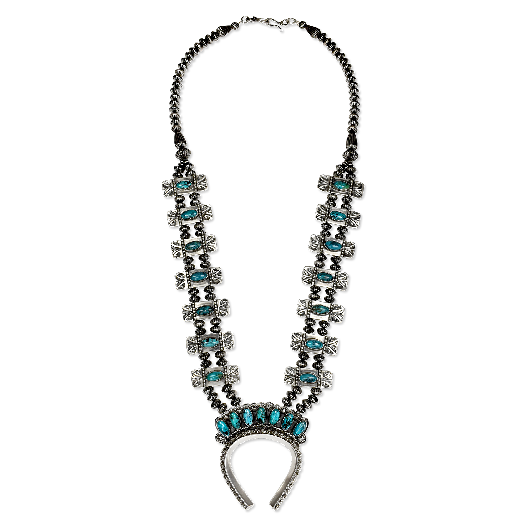 Kingman Turquoise Double-Strand Squash Blossom Necklace with Naja Kingman Turquoise Double-Strand Squash Blossom Necklace with Naja