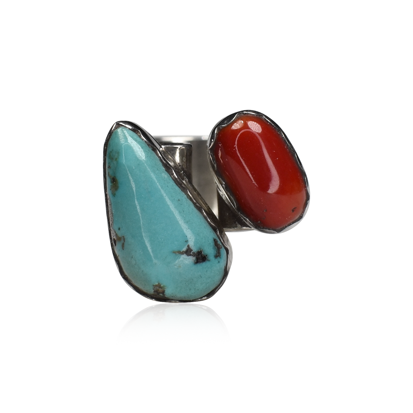 Of Two Worlds Sleeping Beauty Turquoise and Coral Split Shank Ring by Delbert Secatero