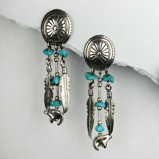 Shield Earrings with Two Spirit Feathers, Spirit Bear, and Sleeping Beauty Turquoise