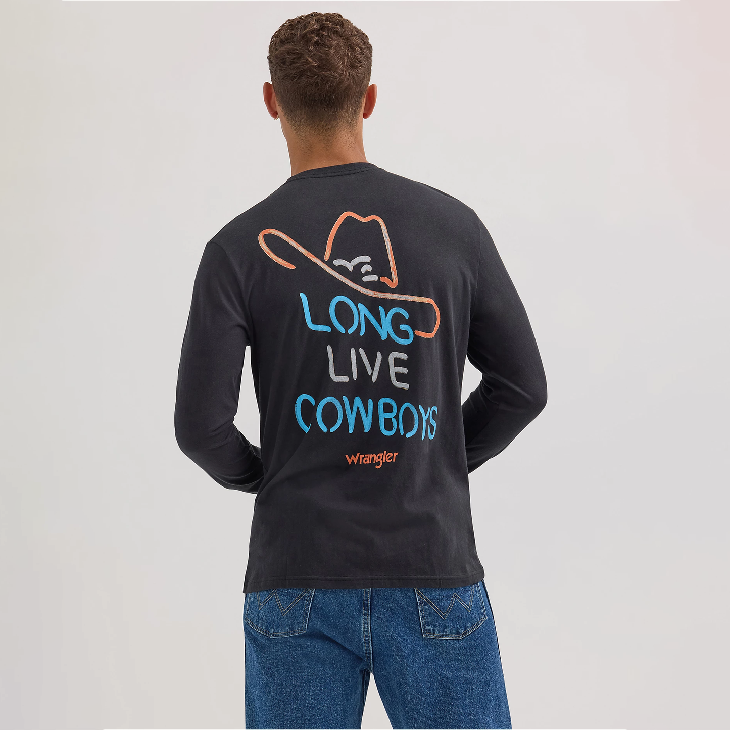 Wrangler Men's Long Sleeve Neon Cowboy Back Graphic Tee - Jet Black