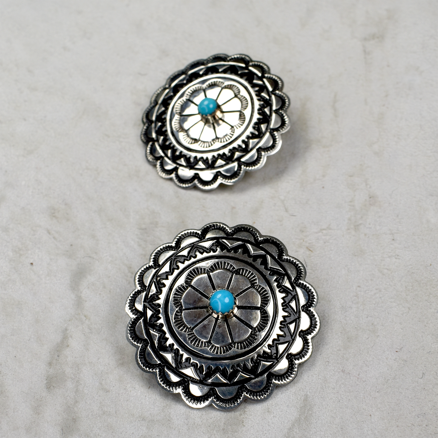 Large Concho Stud Earrings with Sleeping Beauty Turquoise Inlay by Emily Alonzo