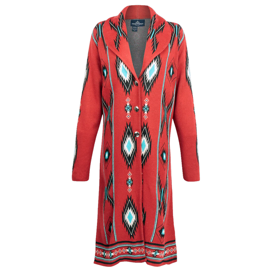 Time of the West Native Print Alpaca Button Up Duster - Red/Black/Turquoise