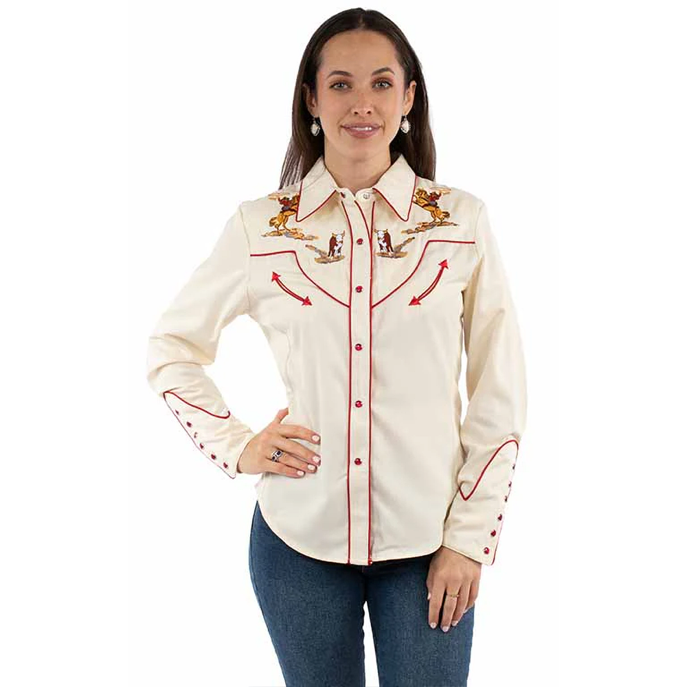 Women's Scully Cattle Roper Embroidered Pearl Snap Cream/Red