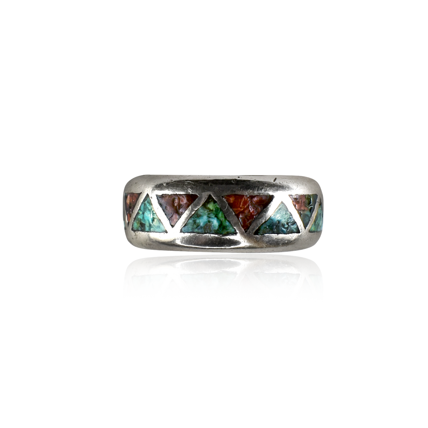 Vintage Turquoise and Coral Trianglular Chip Inlay Ring