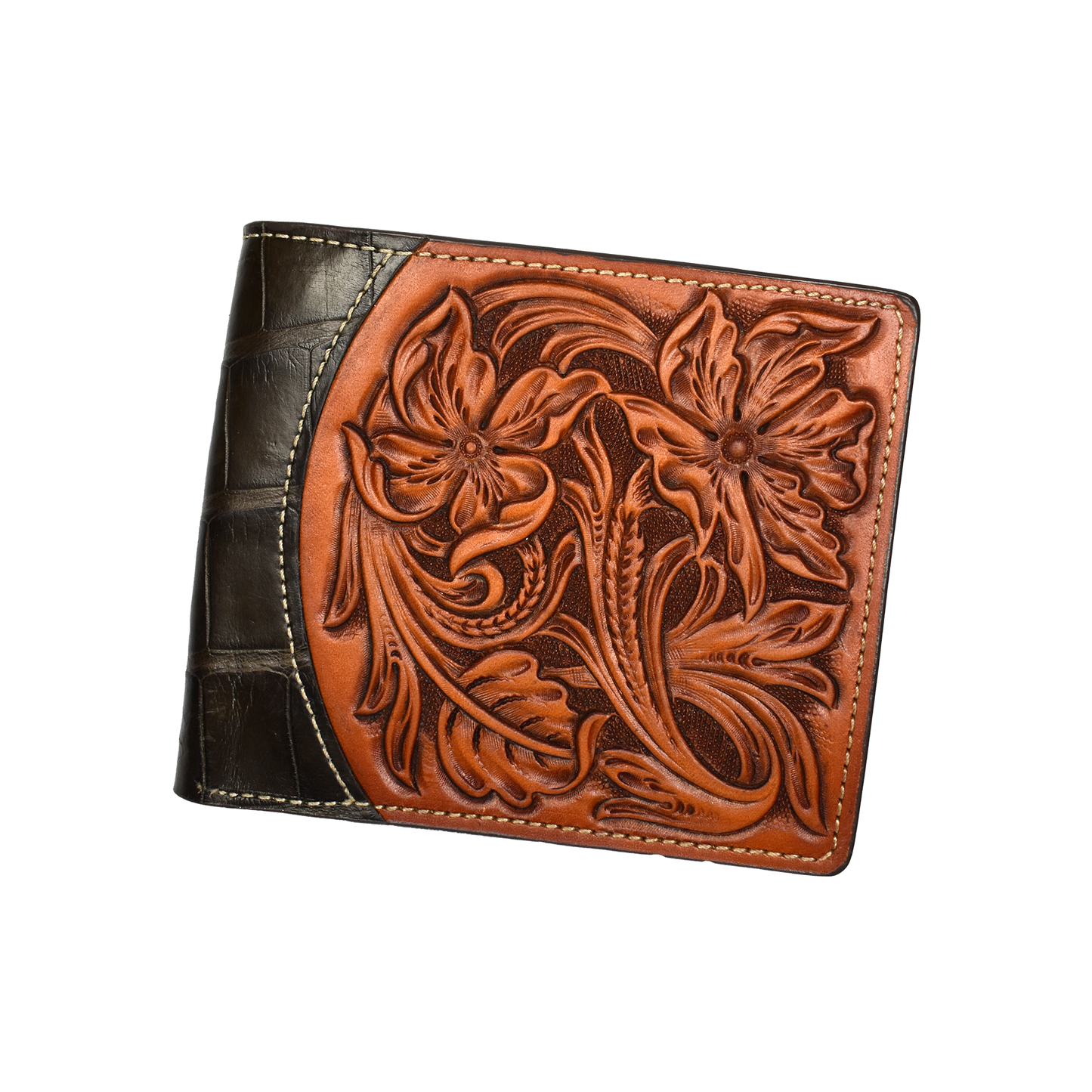 Heron Walk Café Noir Alligator Bifold Wallet with Tooled Panel