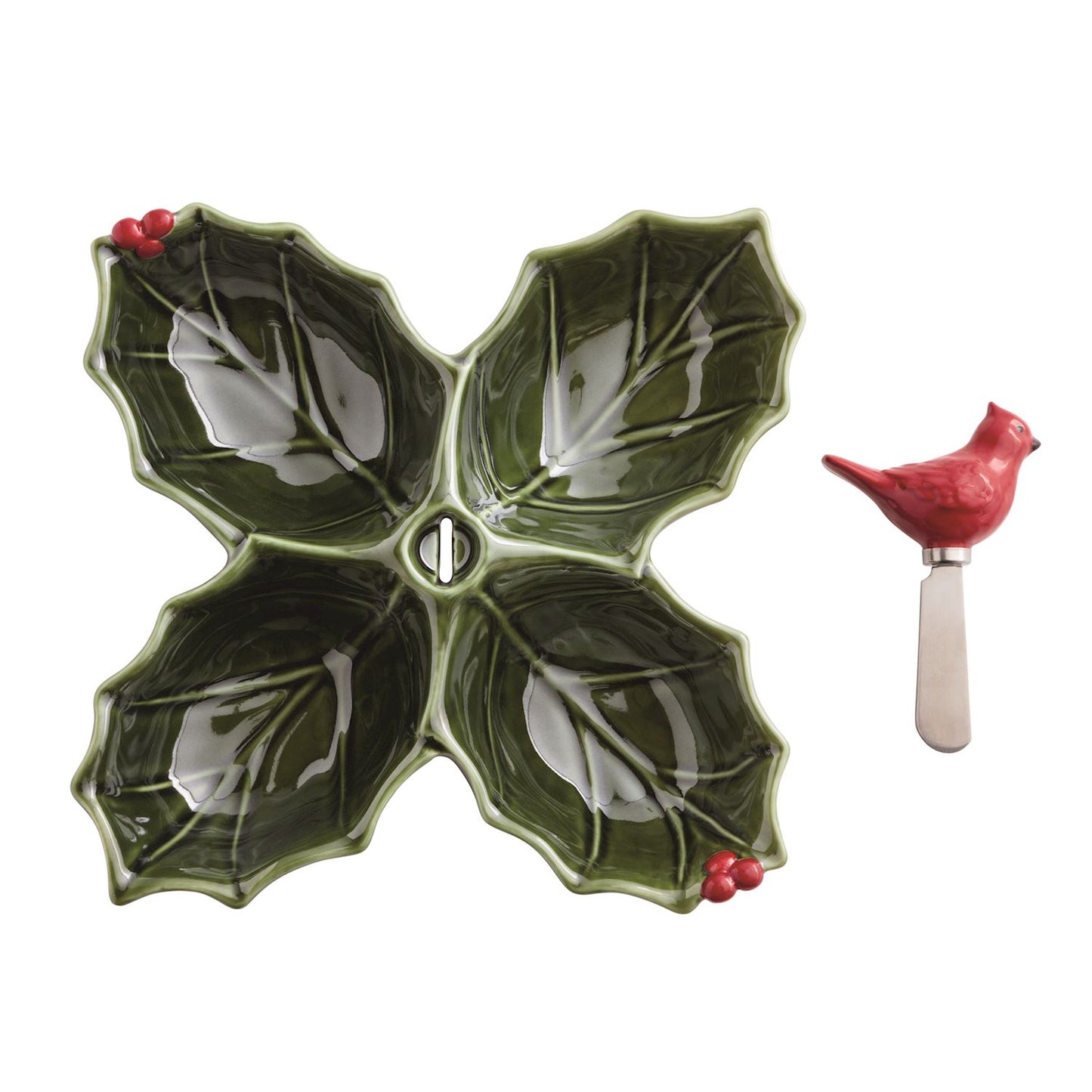 Holly Leaf Sectioned Serving Dish with Cardinal Spreader