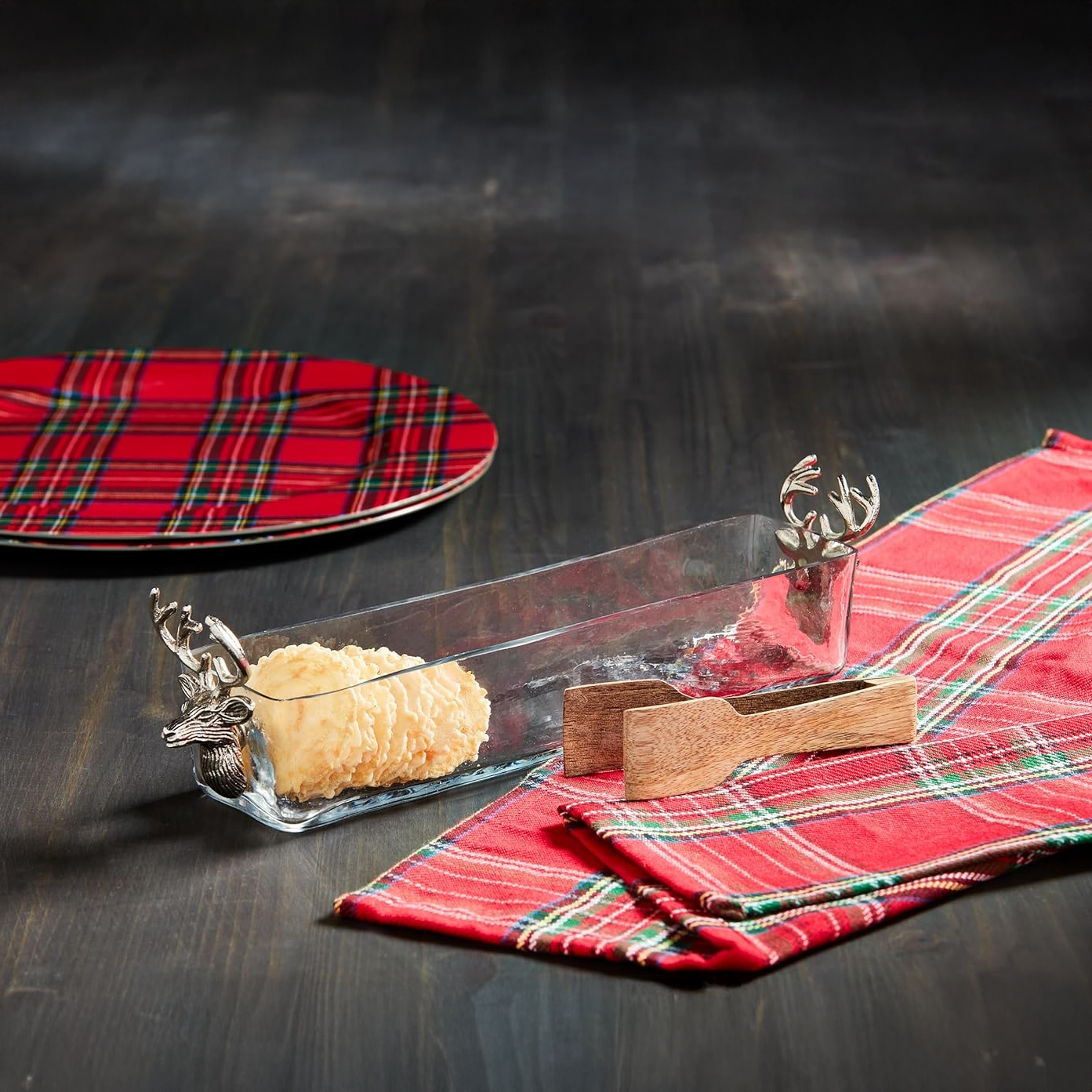 Deer Glass Cracker Dish with Mango Wood Tongs