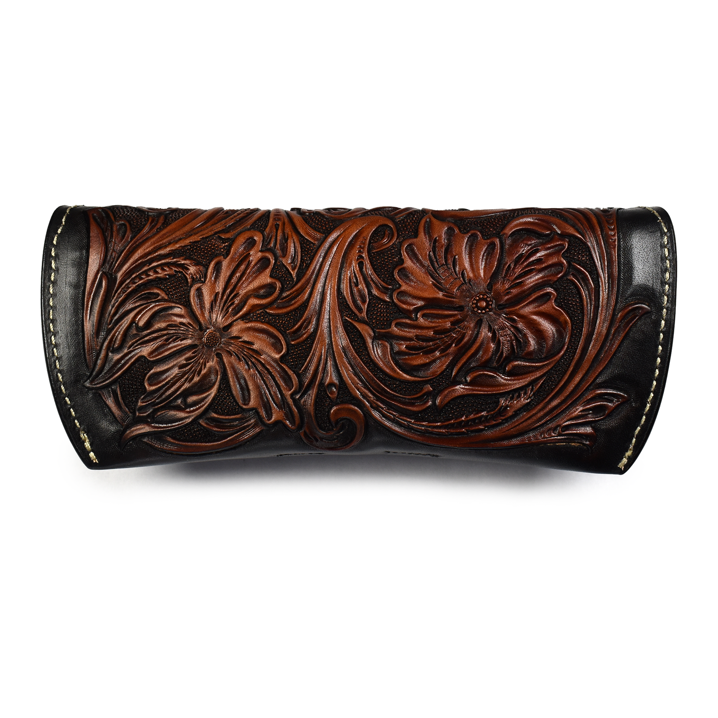 Heron Walk Custom Leather Black & Mahogany Floral Tooled Eyeglass Case