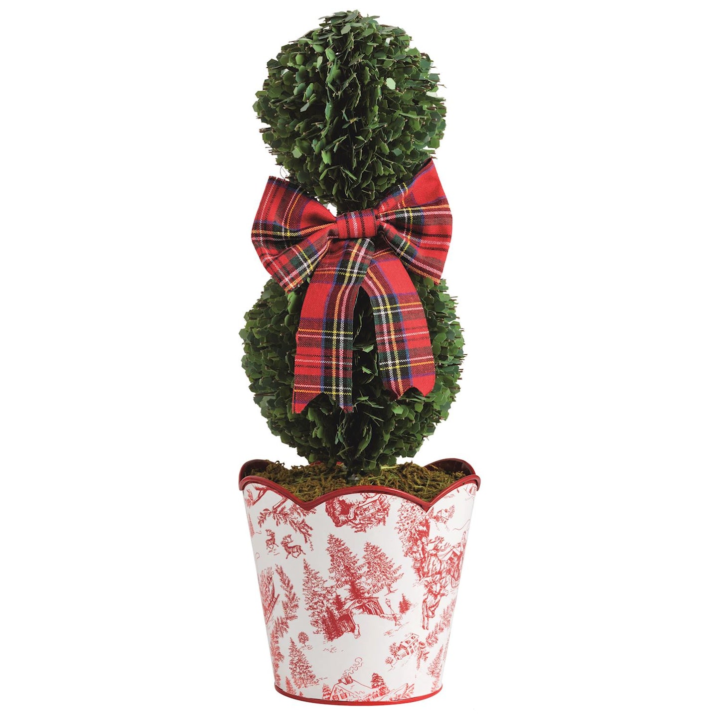 Holiday Toile Faux Boxwood Topiary with Tartan Bow