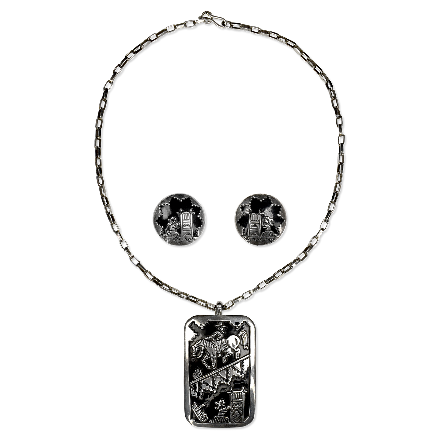 The Weaver's Journey Silver Overlay Storyteller Necklace & Earring Set by James Lee Jr.