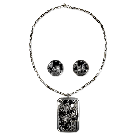 The Weaver's Journey Silver Overlay Storyteller Necklace & Earring Set by James Lee Jr.