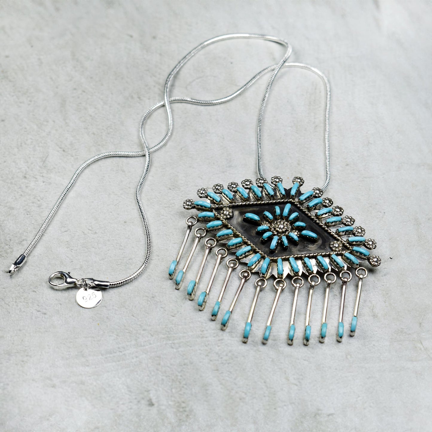 Sleeping Beauty Turquoise Petit Point Inlay Sunshower Pendant Pin Necklace by Kevin Leekity
