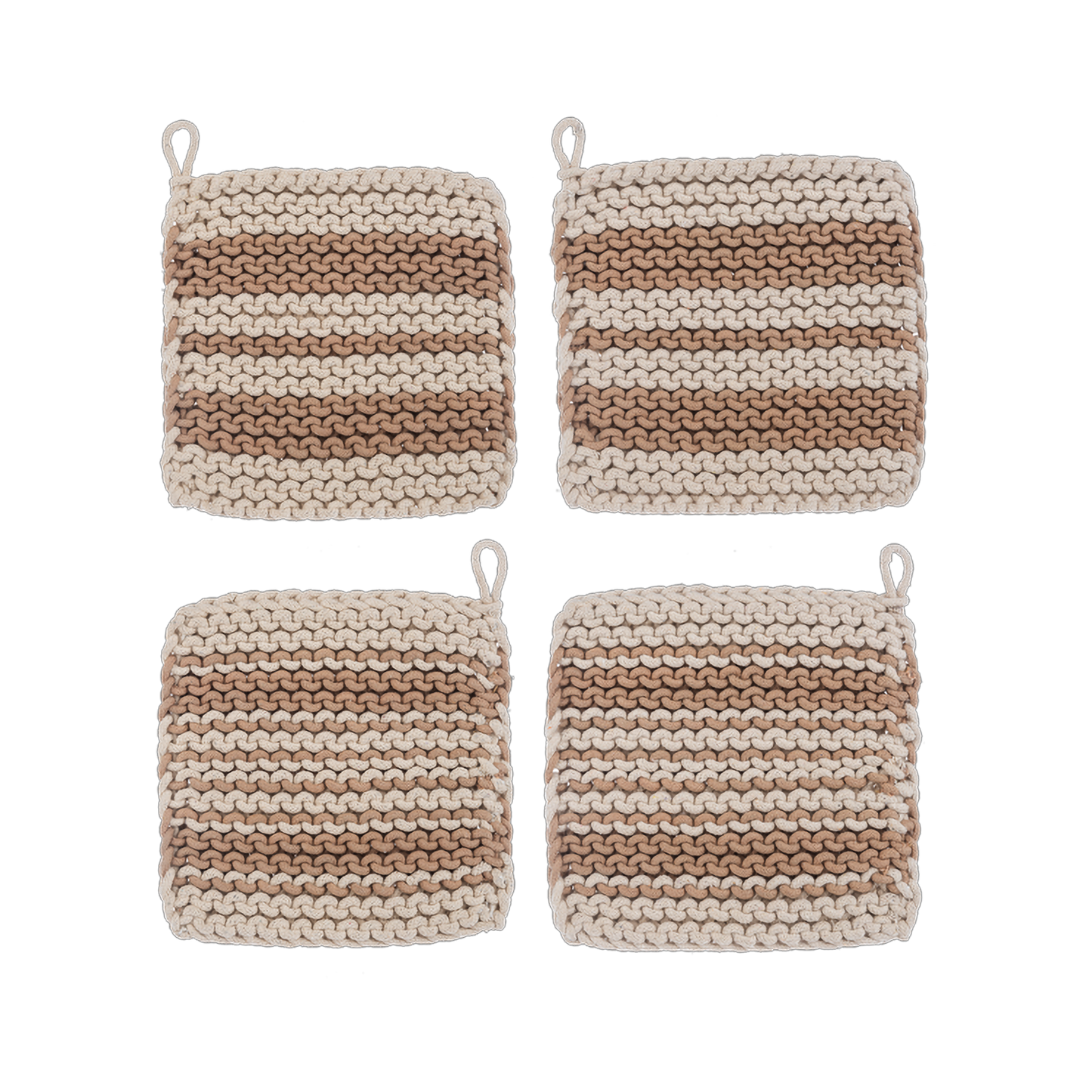 Tan Stripe Cotton Crochet Pot Holder, Set of 4