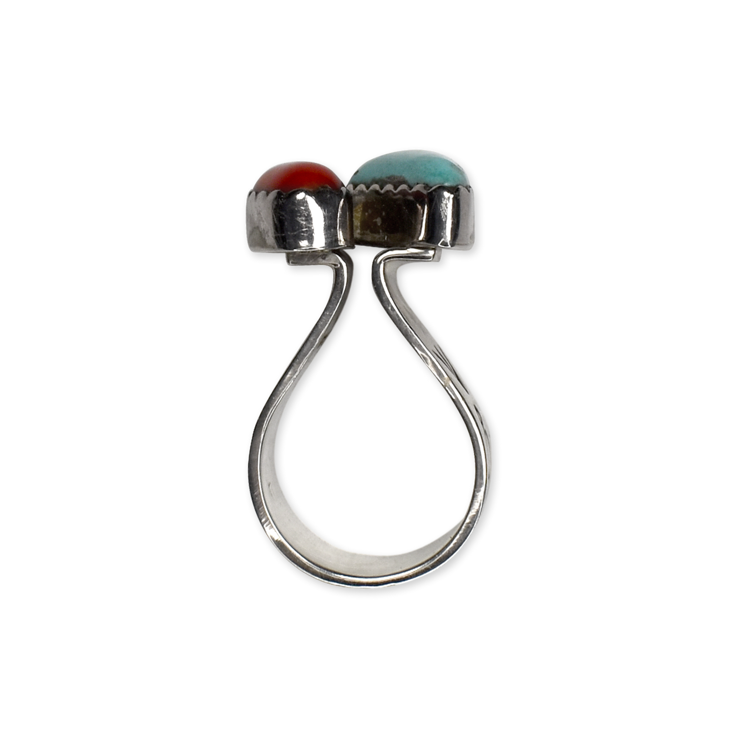 Of Two Worlds Sleeping Beauty Turquoise and Coral Split Shank Ring by Delbert Secatero