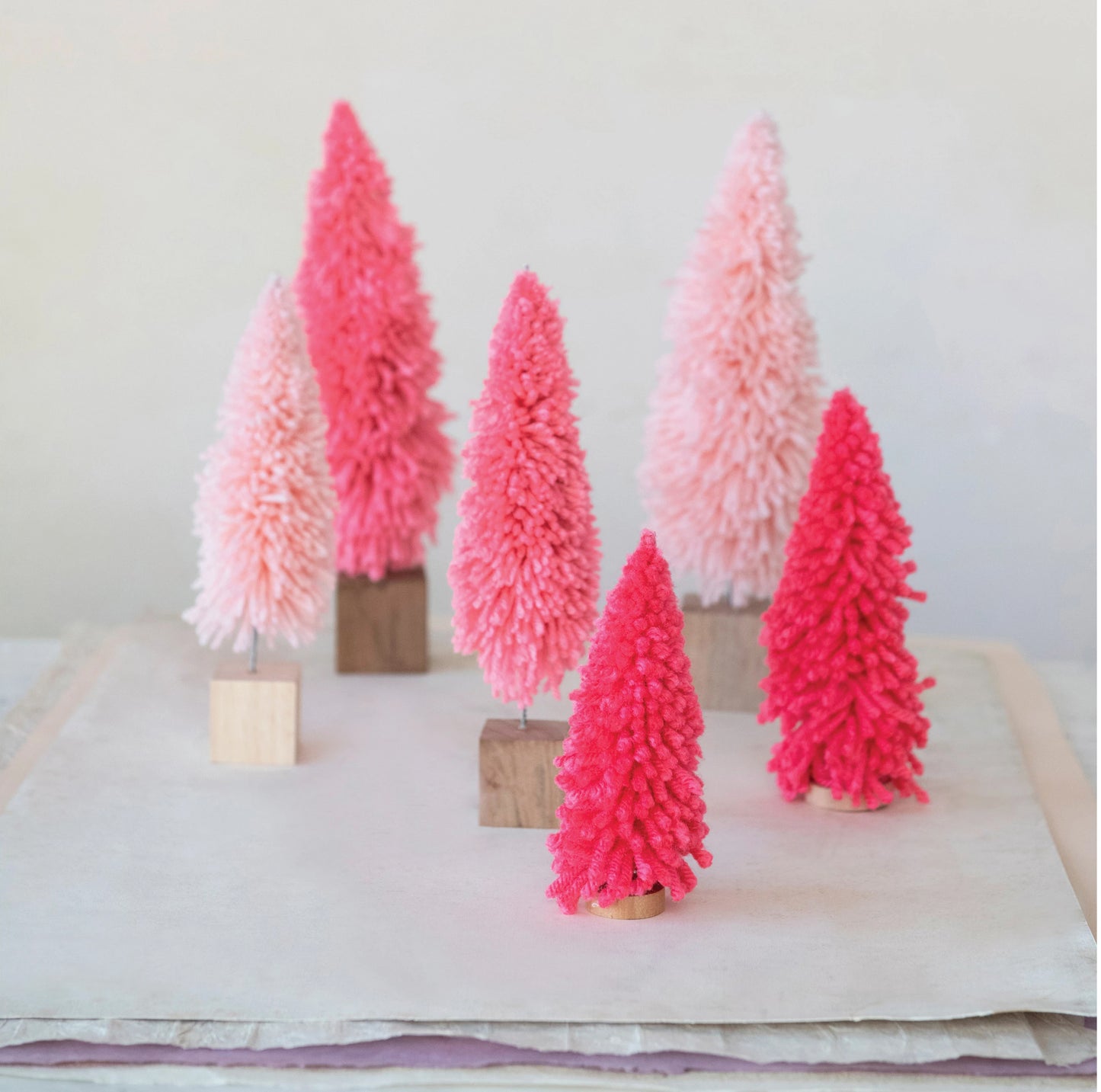 Fabric Yarn Tree with Wood Block Base - Pink Small
