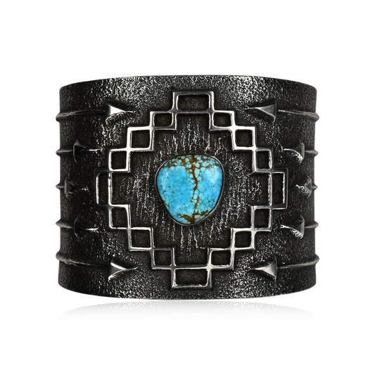 Number 8 Turquoise Arrow & Step Window Sandcast Cuff by Gilbert Begay