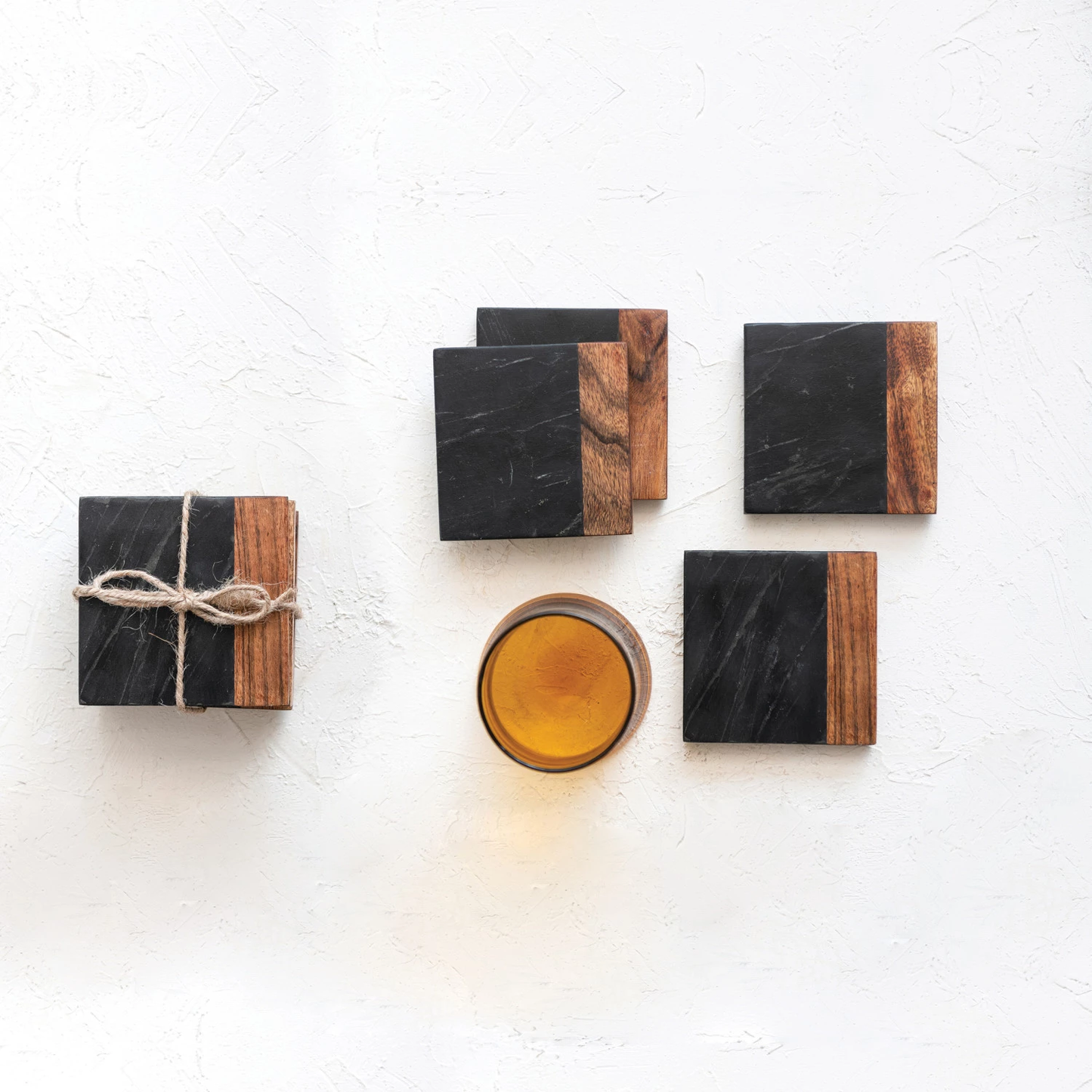 Marble & Acacia Wood Coasters, Black & Natural, Set of 4