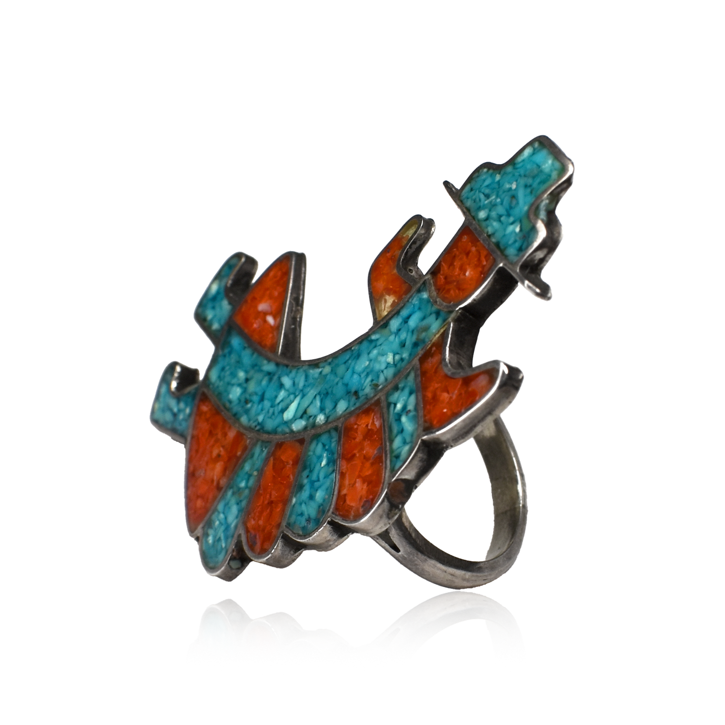 Vintage 1970s Kachina Dancer Turquoise & Coral Ring