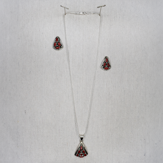 Noble Coral Hand-Tooled Pendant & Stud Earring Set by Melvin Chee