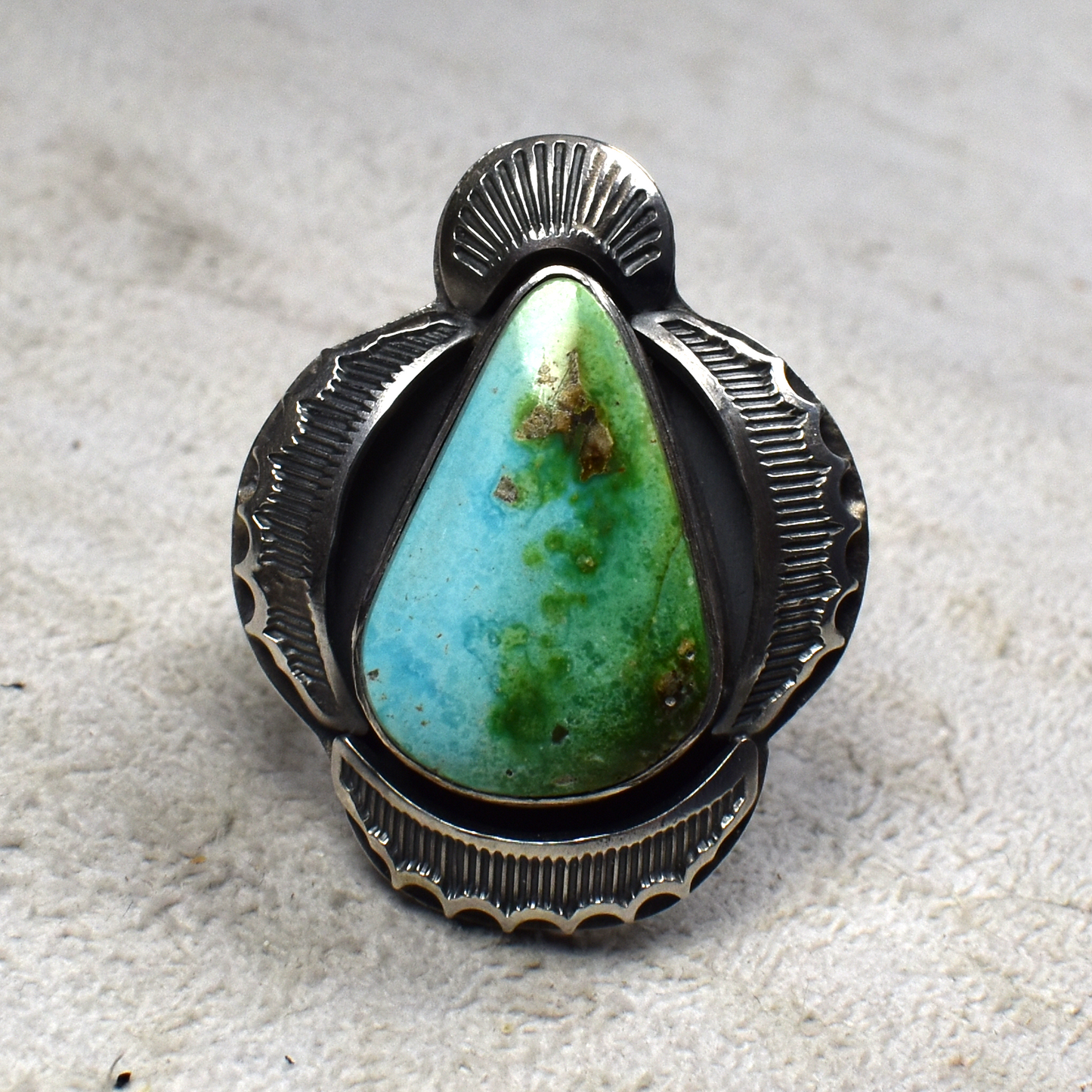 High Grade Sonoran Gold Turquoise Ring with Radial Tooling by Gilbert Nez