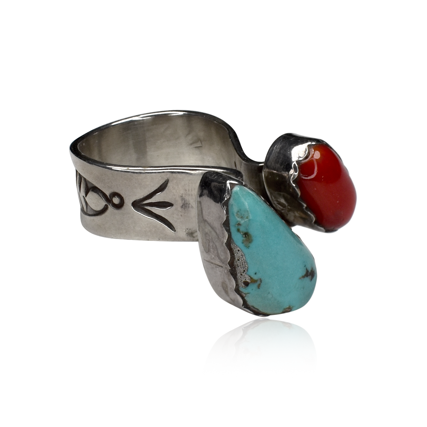 Of Two Worlds Sleeping Beauty Turquoise and Coral Split Shank Ring by Delbert Secatero