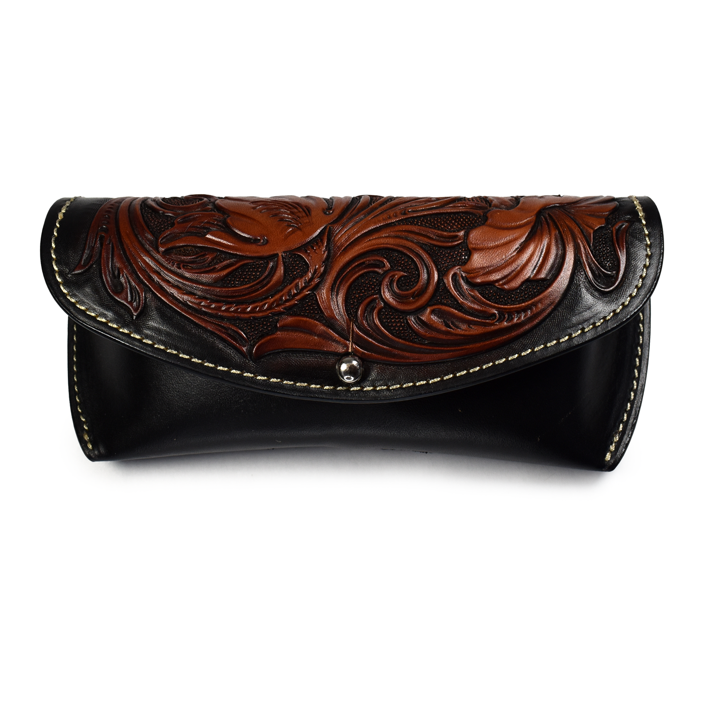 Heron Walk Custom Leather Black & Mahogany Floral Tooled Eyeglass Case