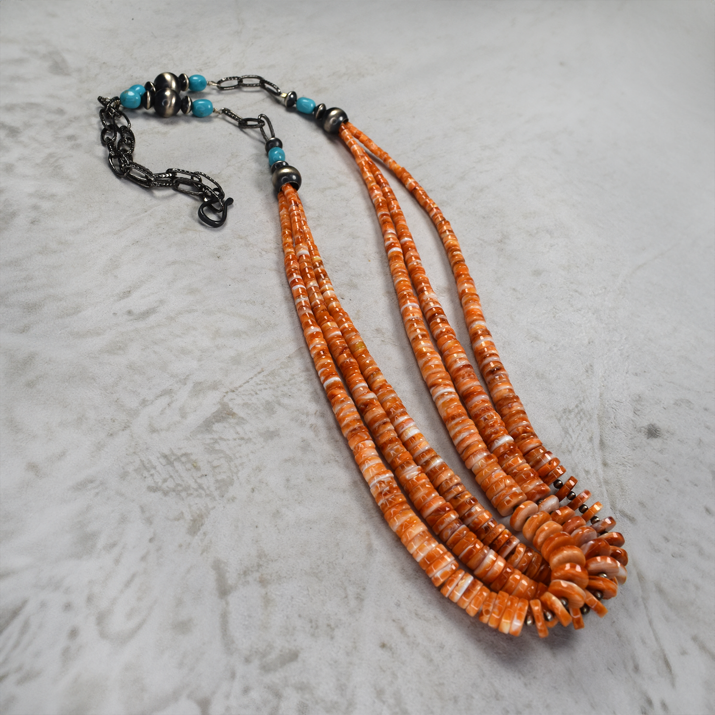 Zia Mountain Three Strand Spiny Oyster Necklace with Sleeping Beauty Turquoise and Pillow Bead Chain
