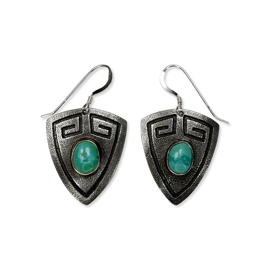 Stamped Shield Earrings with Kingman Turquoise Stone by Teller Indian Jewelry