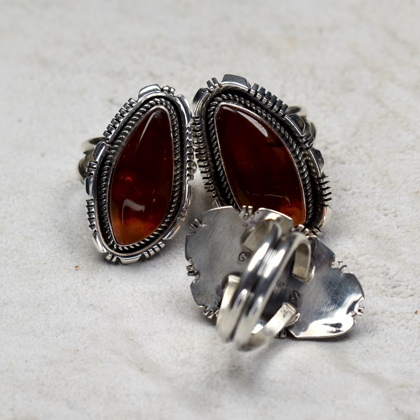 Asymmetrical Amber Ring with Hand-Etched Border by Glenn & Irene Sandoval
