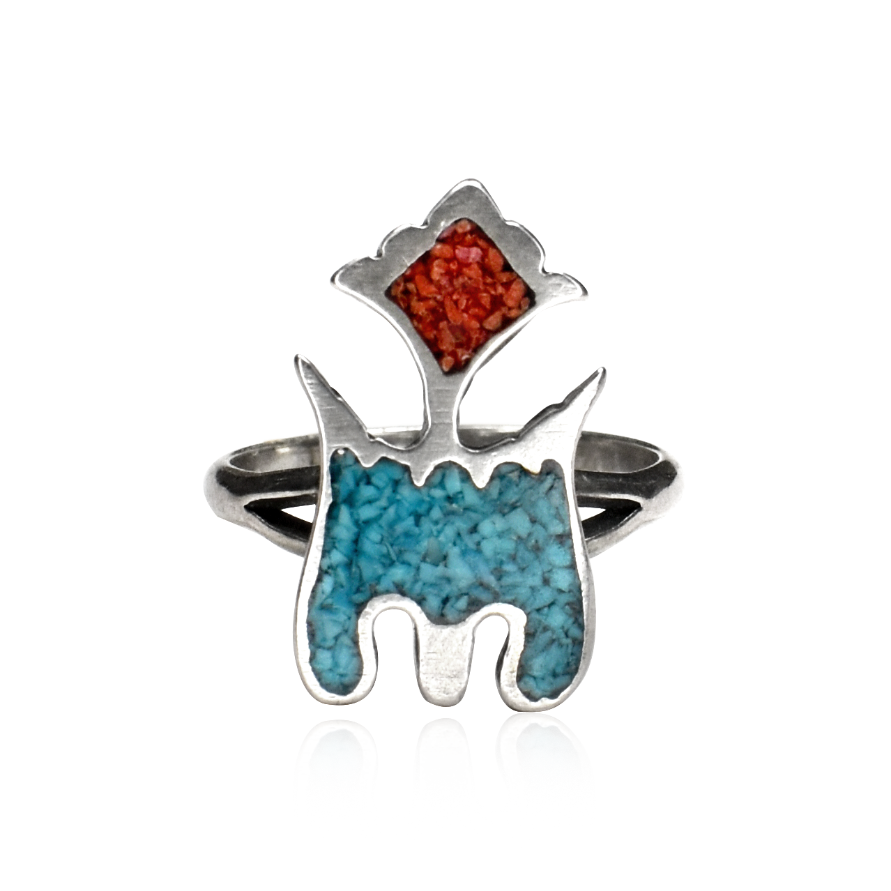 Vintage 1978 Ceremonial Eagle Indian Mountain Turquoise and Coral Chip Inlay Ring