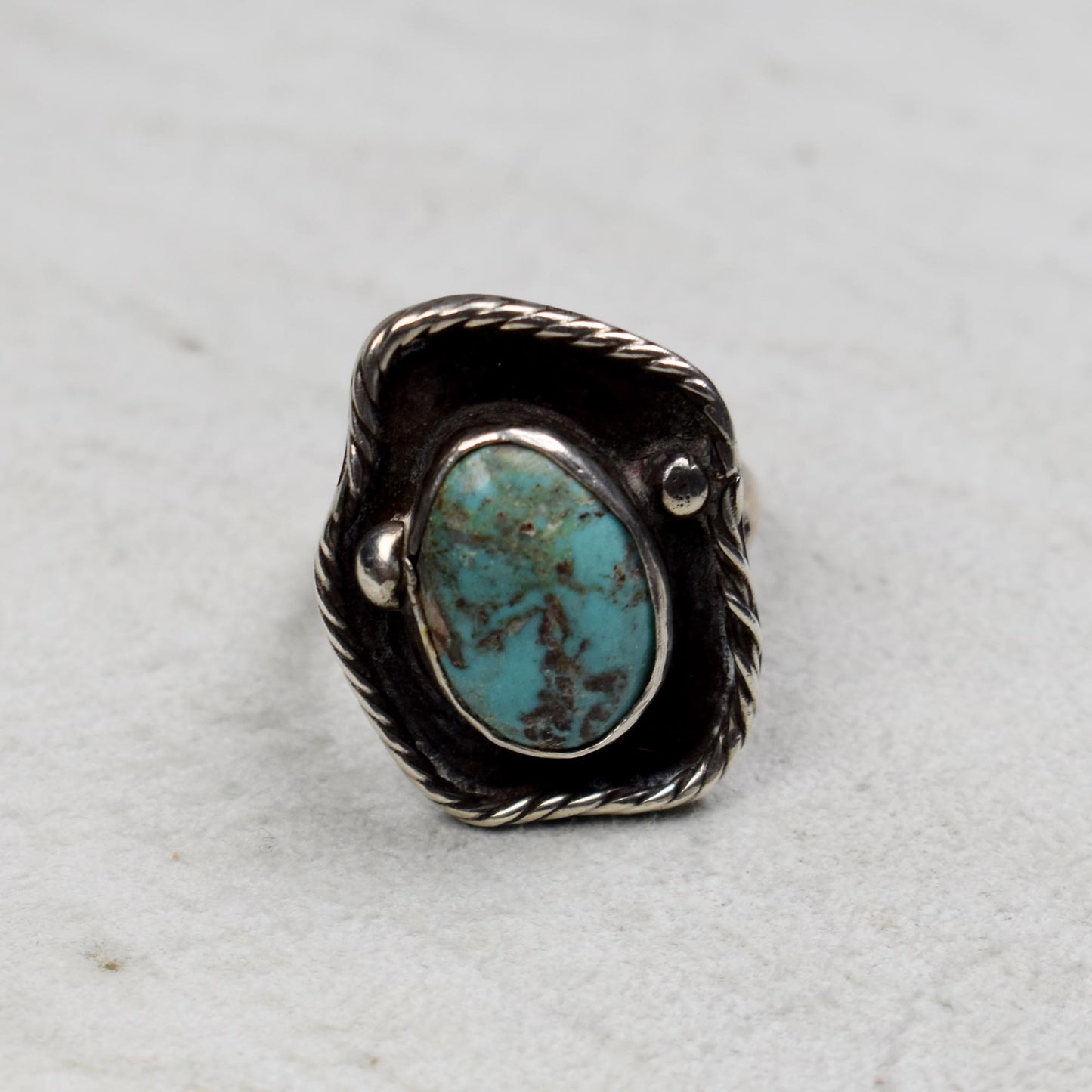 Vintage Sleeping Beauty Turquoise Oval Ring in Raised Asymmetrical Rope Setting