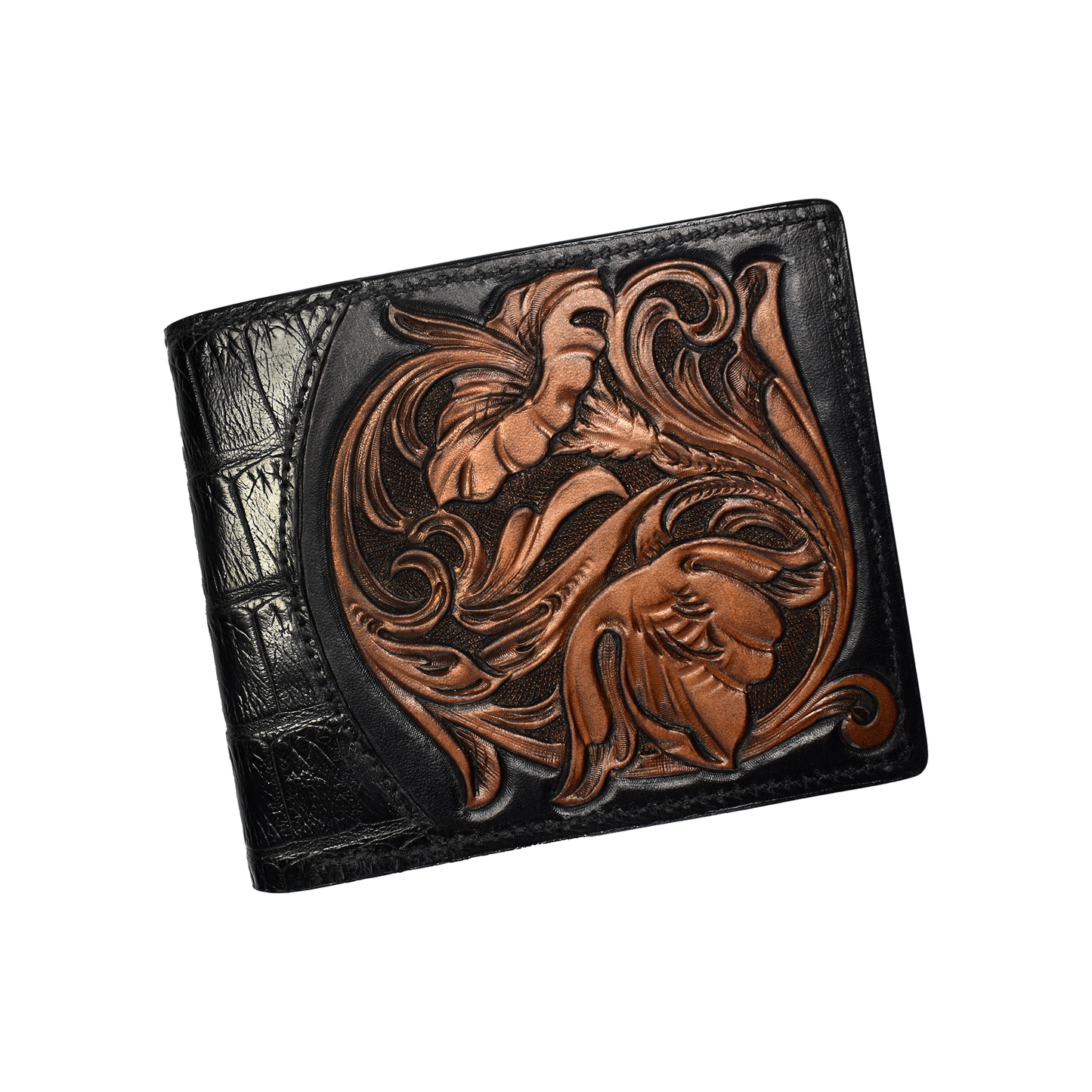 Heron Walk Black Caiman Bifold Wallet with Tooled Panel