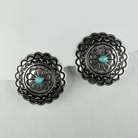 Large Concho Stud Earrings with Sleeping Beauty Turquoise Inlay by Emily Alonzo